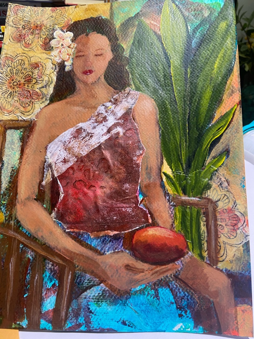 Hand-Painted Tropical Woman Mixed Media  Acrylic  Art– Red, Green, Blue - Picture 5 of 9
